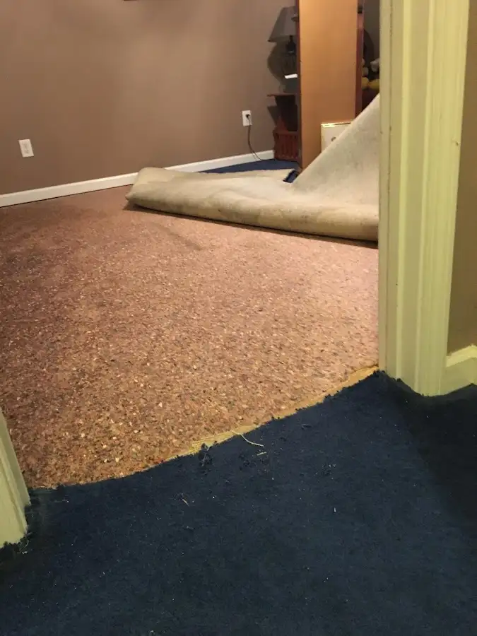 Carpet pad removal revealing water damage during Drying & Dehumidification in Ruston